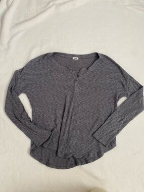 Gray Ribbed Henley Long Sleeve Top